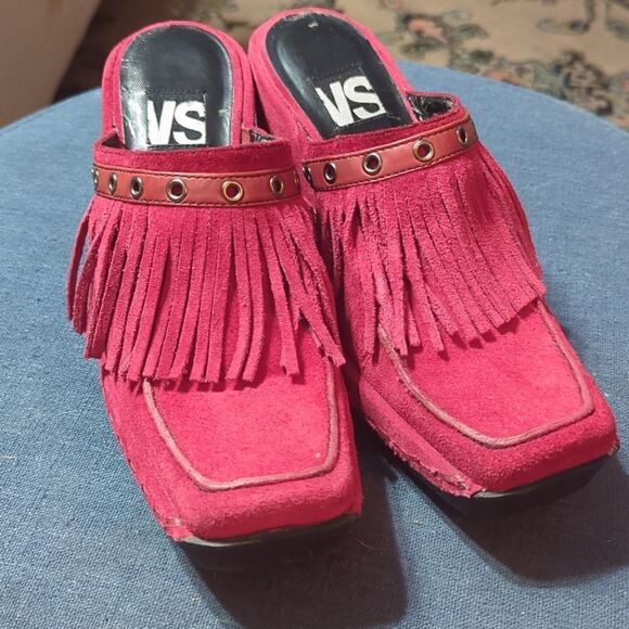 VICTORIA SECRET SENELA 9 red LEATHER Sexy 70s Vibe MULE FRINGE WEDGE SHOE - Picture 4 of 11